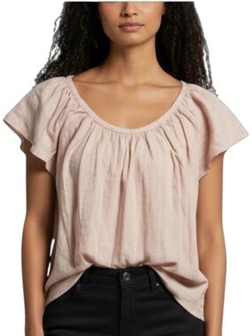 XiRENA Flutter Sleeve Pastel Pink Salmon Cotton Flax Top Shirt Blouse